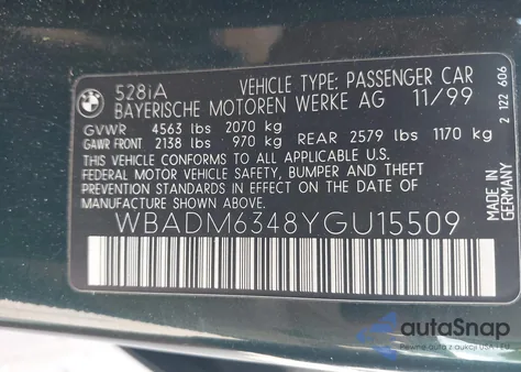 2000 BMW 528Ia from USA, damaged, VIN WBADM6348YGU15509